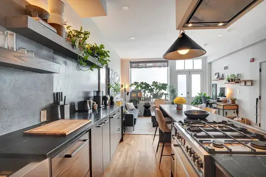 Designer curated kitchen with complementary finishing materials and colors
