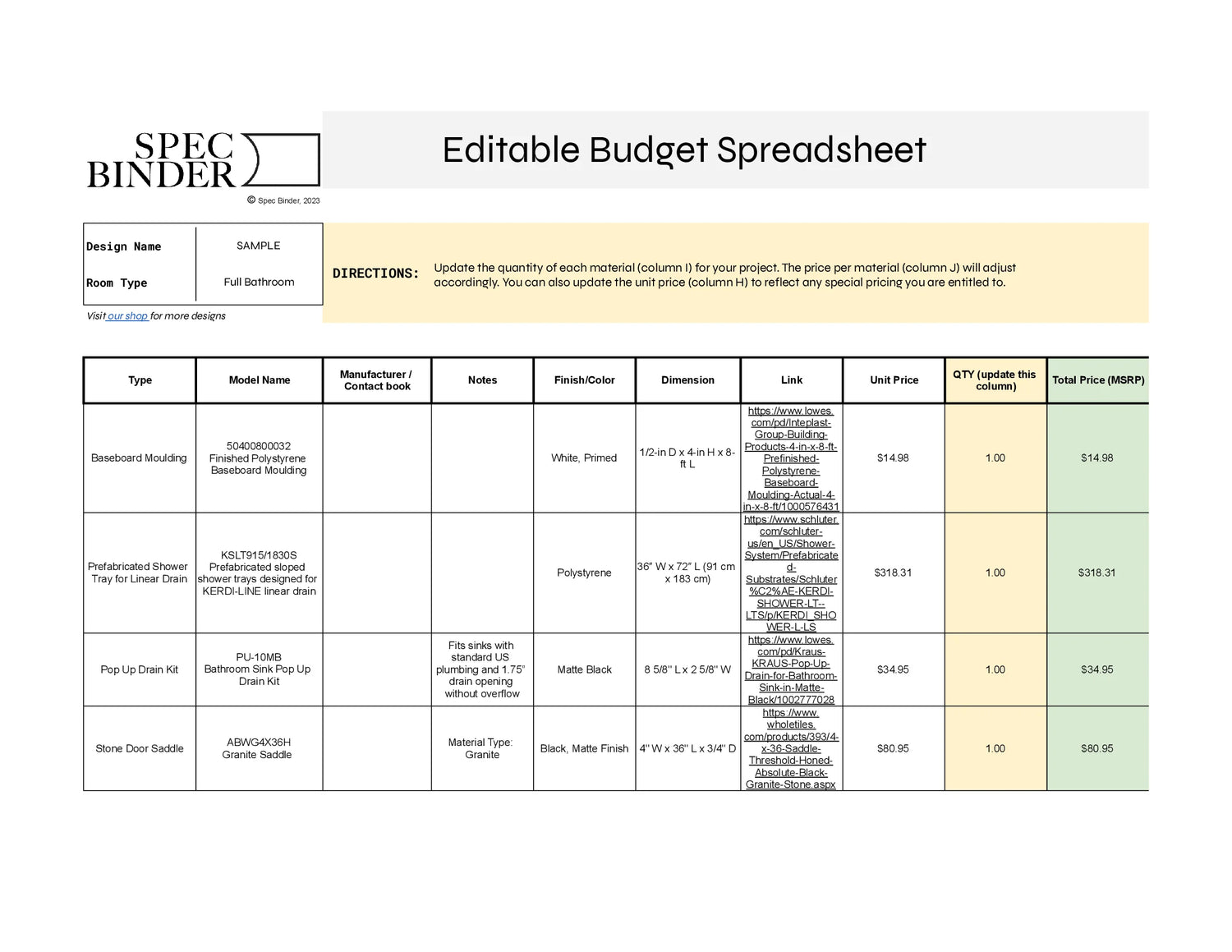 Sample editable budget spreadsheet, showing all required materials, units, and pricing. This is an editable document that can be adjusted to help budget your particular renovation project.