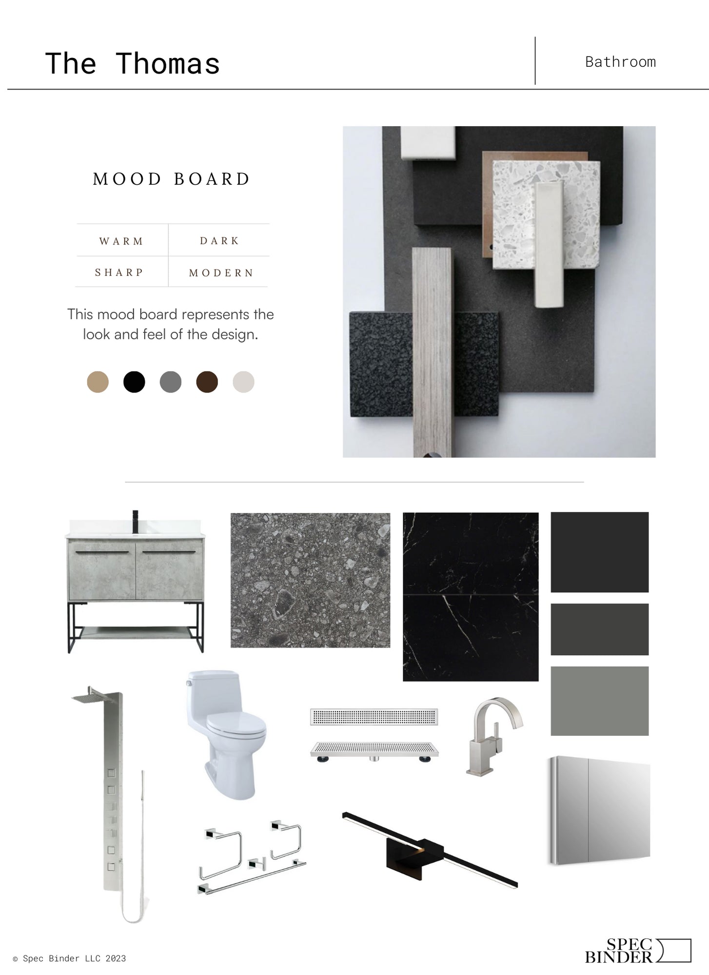 Moodboard image showing the look and feel of the design, featuring textures, patterns, colors, and finishing materials