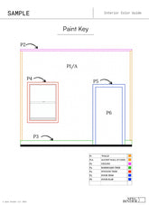 Paint key showing where each paint color belongs in the room. Includes baseboards, wall trim, flooring, door trim, door slab, accent wall, and ceiling paint placement.