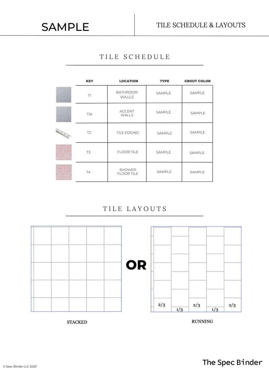 Sample tile schedule showing tile layout and placement for each interior room design