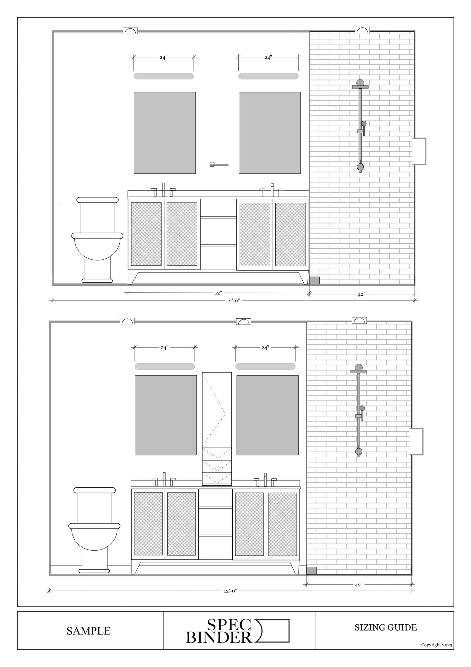 Sample sizing guide and wall elevation showing the various sizes that rooms can be installed at