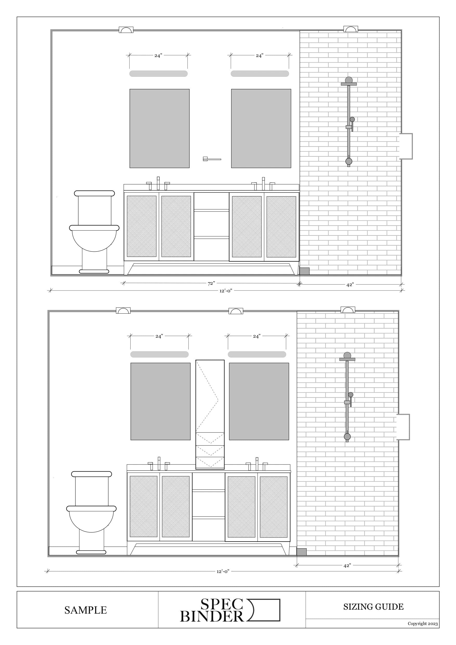 Sample sizing guide and wall elevation showing the various sizes that rooms can be installed at