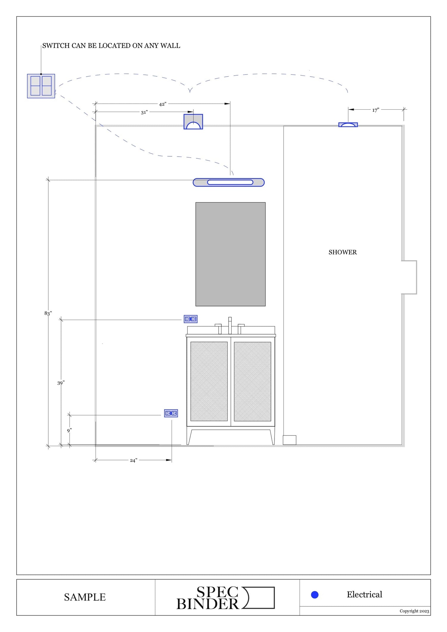 Sample sub-contractor-specific installation sheets. Example of electrician installation sheet or wall elevation for a bathroom