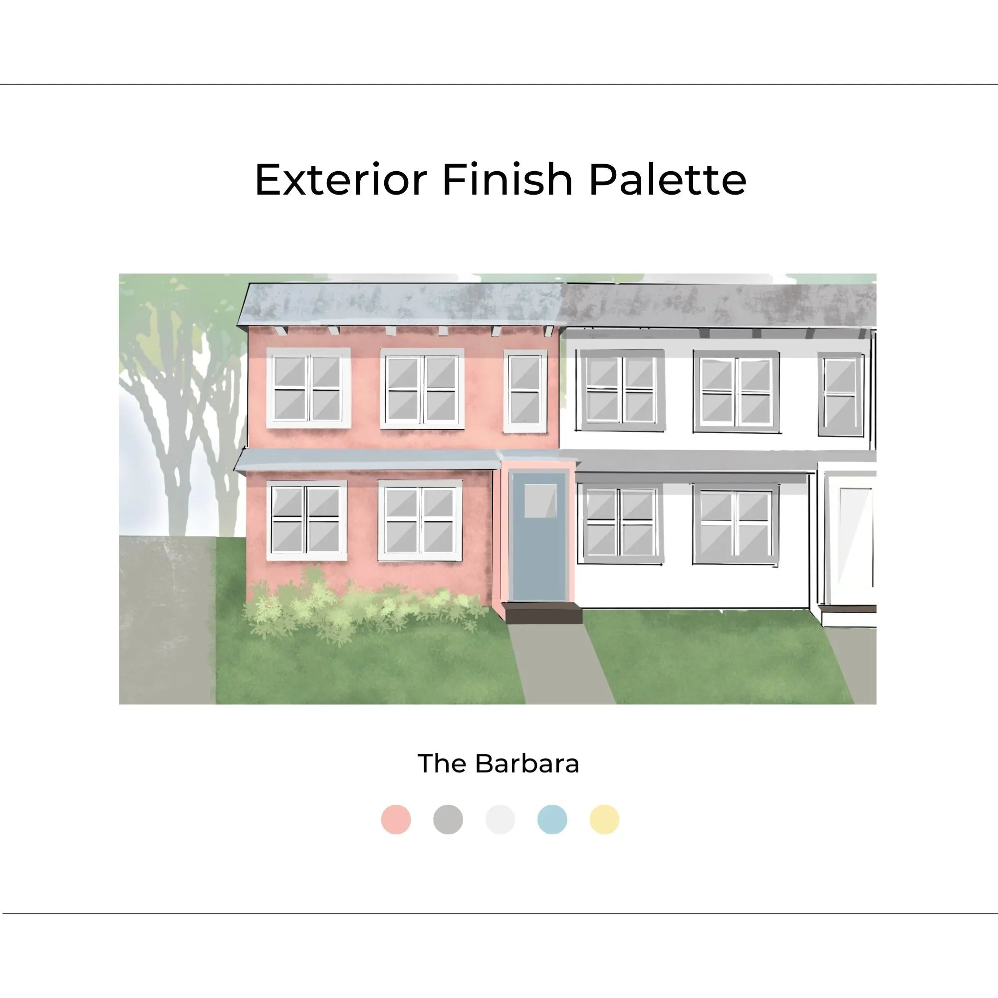 The Barbara Exterior cover page with inspiration photos, renderings, materials, and design elements. The Barbara is Fun, Coastal, Elegant, and Bold