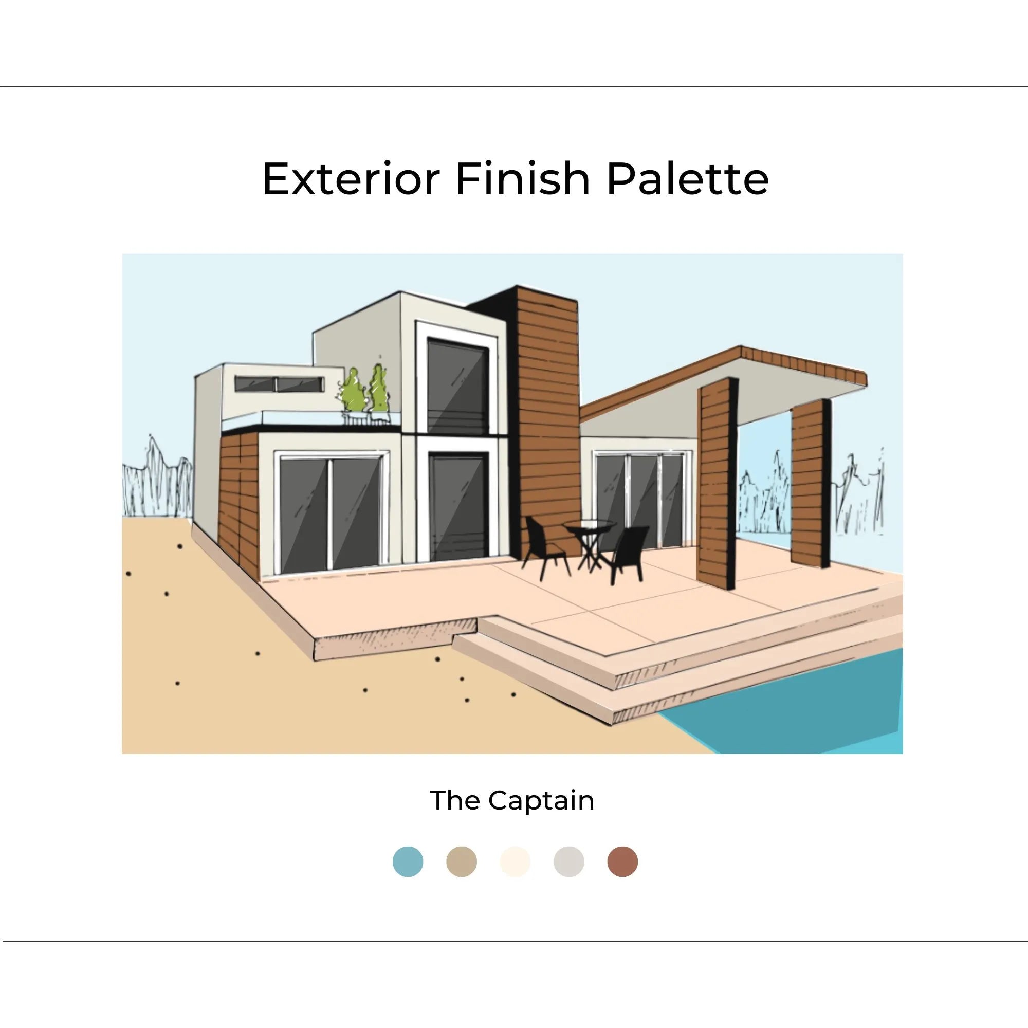 The Captain Exterior cover page with inspiration photos, renderings, materials, and design elements. The Captain is Coastal, Midwestern, Modern, and Iconic