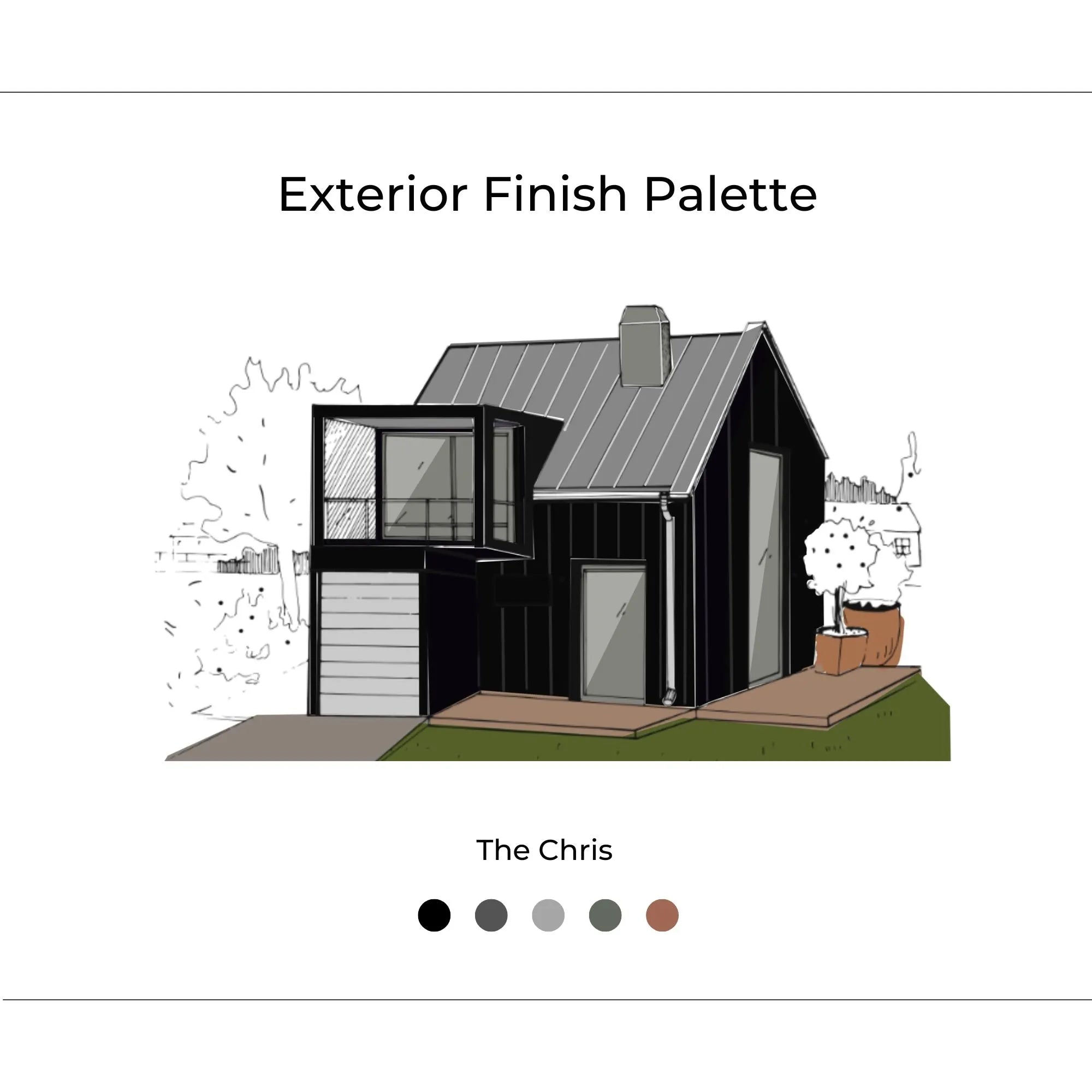 The Chris Exterior cover page with inspiration photos, renderings, materials, and design elements. The Chris is Dark, Moody, Sharp, and Modern