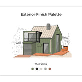 The Fatima Exterior cover page with inspiration photos, renderings, materials, and design elements. The Fatima is Mid-Century, Dark, Earthy, and Vintage