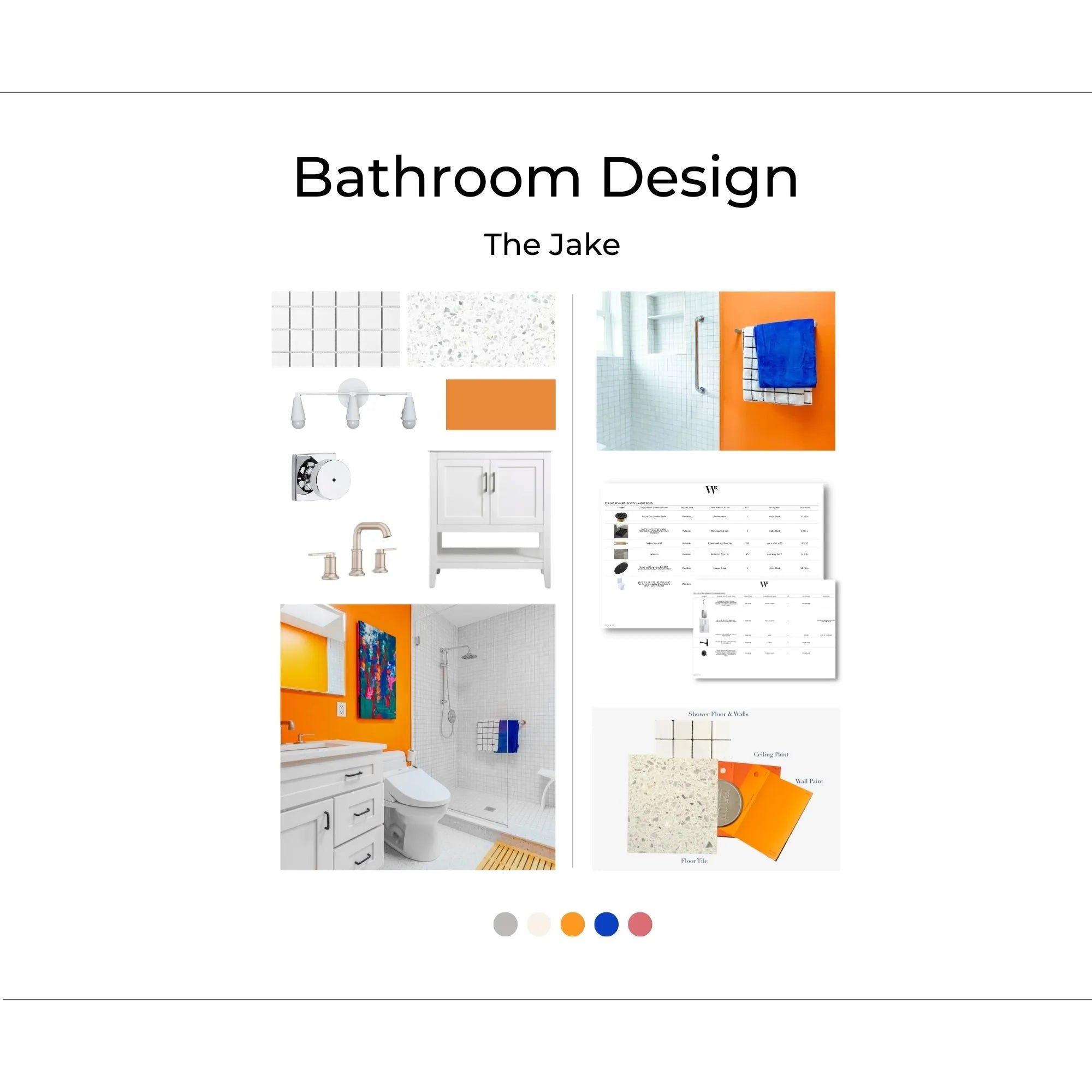 The Jake Full Bath cover page with inspiration photos, renderings, materials, and design elements. The Jake is Bright, Bold, Eclectic, and Unique