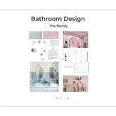 The Mandy cover image with sample paint colors and reference photos to reflect the look and feel of this bathroom design. This design is Bright, Creative, Playful, and Bold