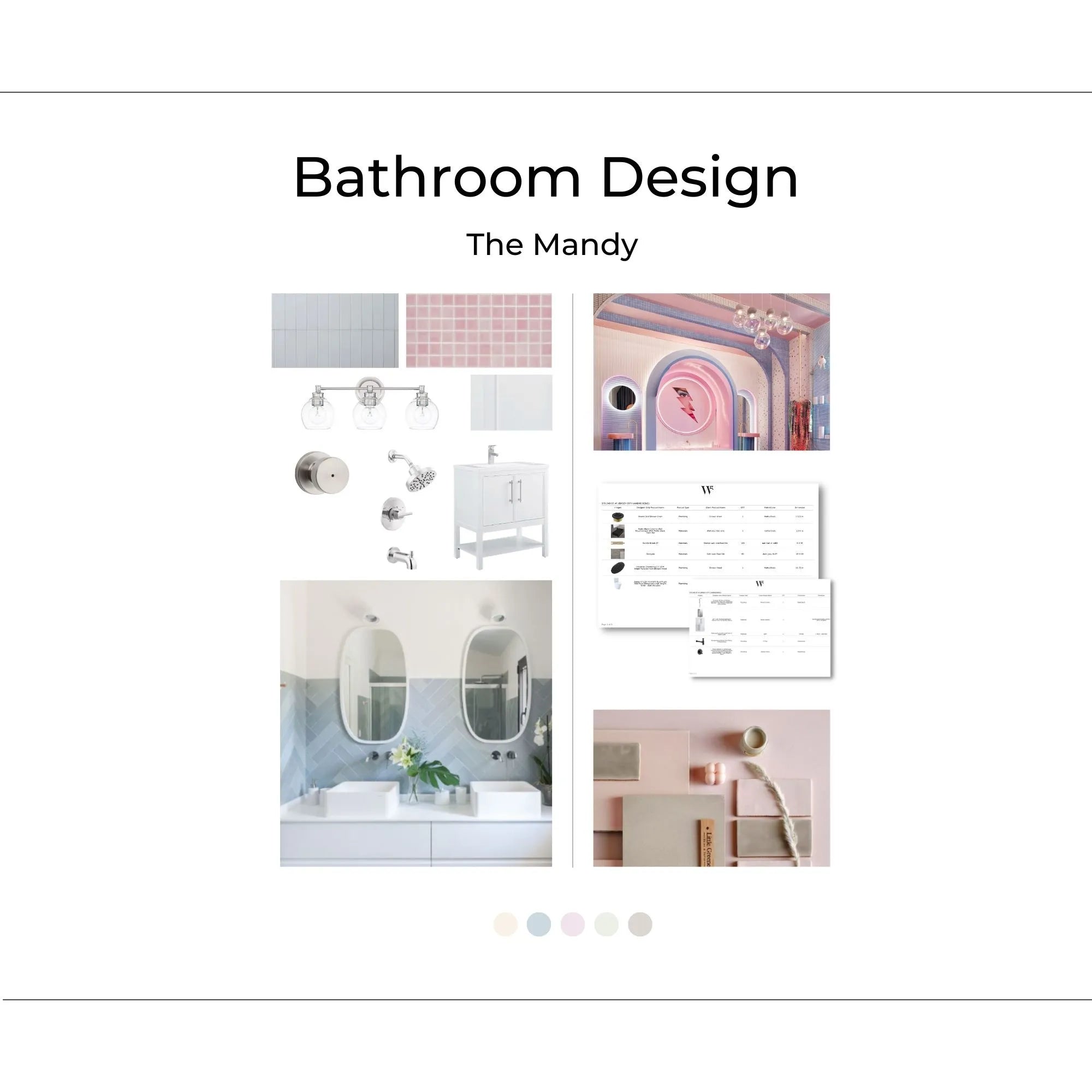 The Mandy cover image with sample paint colors and reference photos to reflect the look and feel of this bathroom design. This design is Bright, Creative, Playful, and Bold