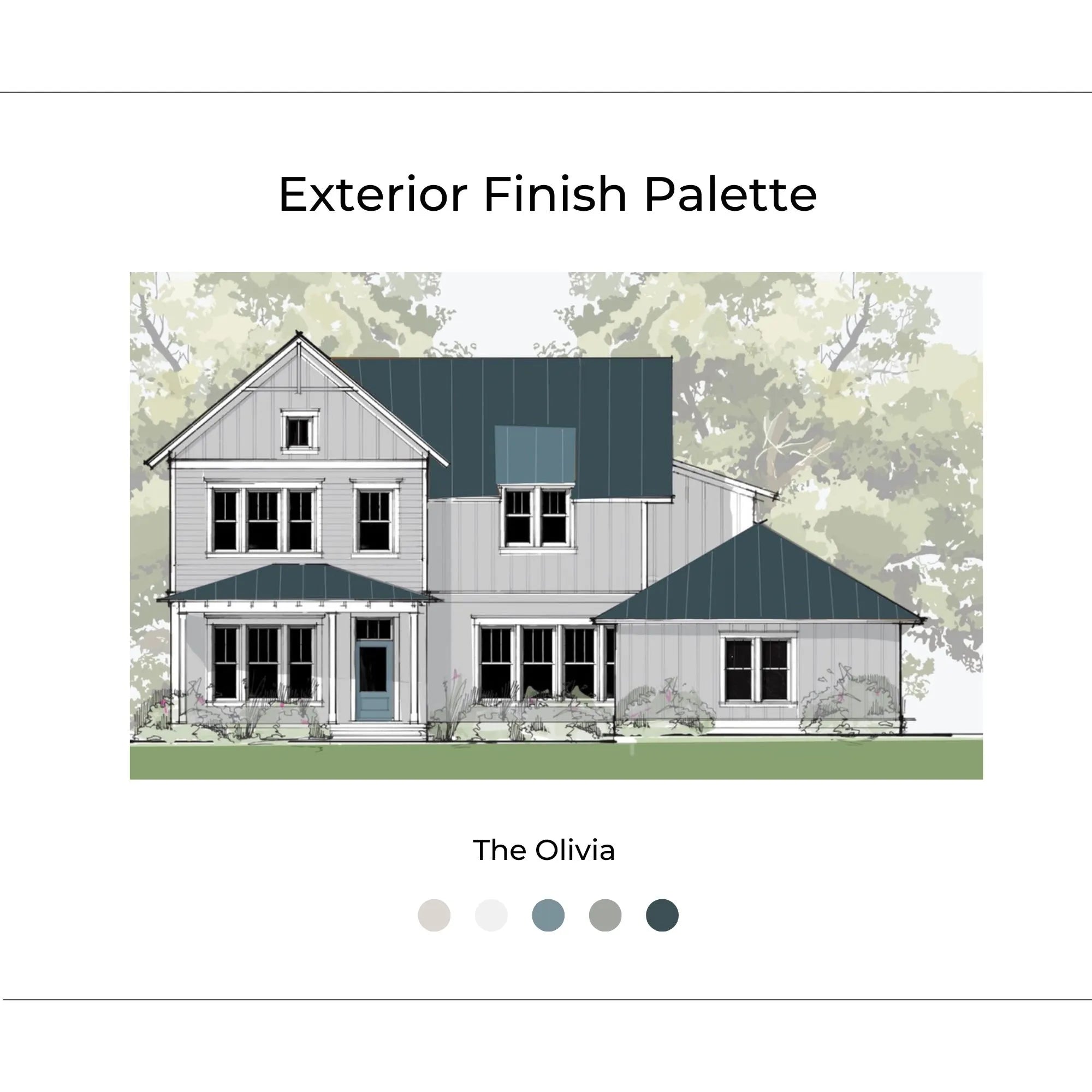 The Olivia Exterior cover page with inspiration photos, renderings, materials, and design elements. The Olivia is Light, Simple, Traditional, and Versatile