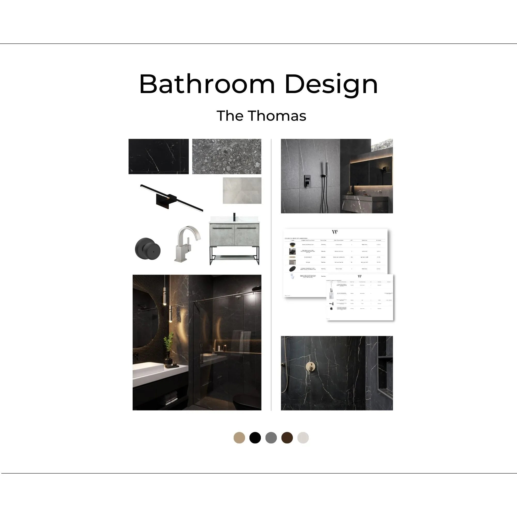 The Thomas cover image with sample paint colors and reference photos to reflect the look and feel of this bathroom design. This design is Warm, Dark, Sharp, and Modern