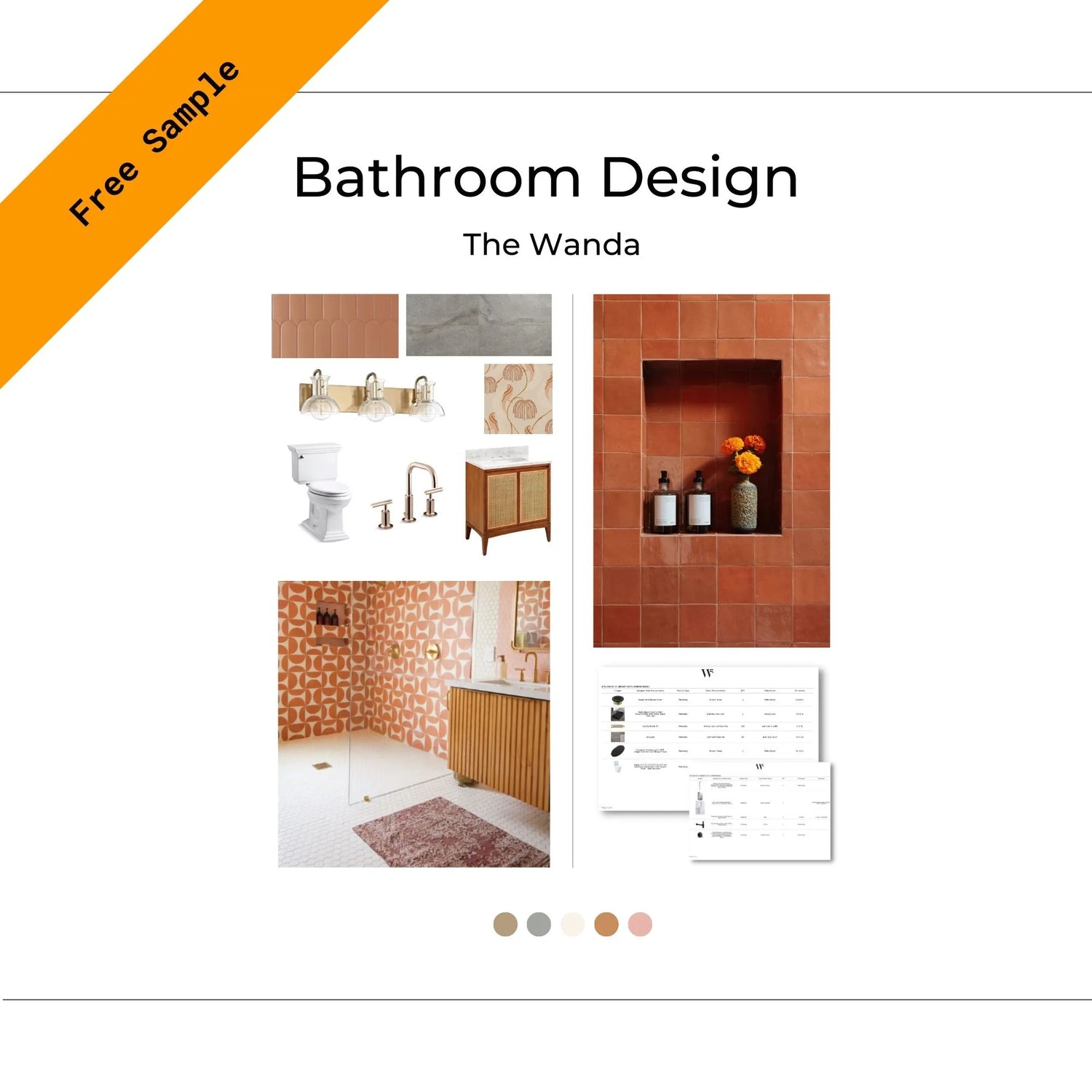 The Wanda Full Bath cover page with inspiration photos, renderings, materials, and design elements. The Wanda is Stylish, Retro, Fun, and Bright