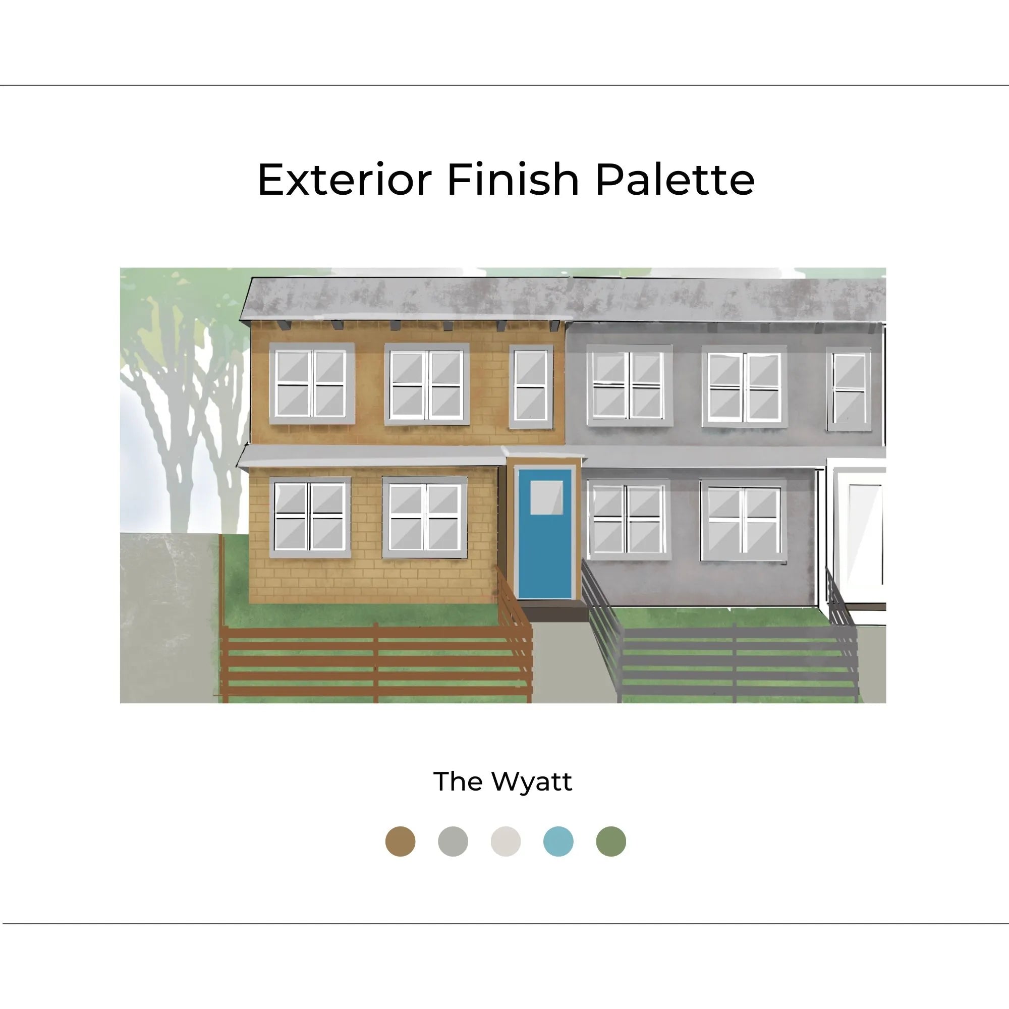 The Wyatt Exterior cover page with inspiration photos, renderings, materials, and design elements. The Wyatt is Urban, Bold, Classic, and Unique