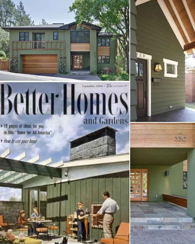 See photos of The Fatima paint colors in different spaces.The Fatima Exterior reference images, paint samples, color swatches, and design elements. The Fatima bathroom design is Mid-Century, Dark, Earthy, and Vintage. The Fatima