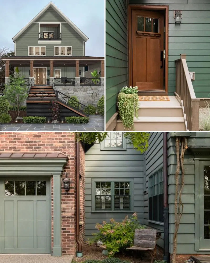 See photos of The Fatima paint colors in different spaces.The Fatima Exterior reference images, paint samples, color swatches, and design elements. The Fatima bathroom design is Mid-Century, Dark, Earthy, and Vintage. The Fatima