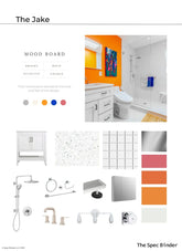See photos of The Jake paint colors in different spaces.The Jake Full Bath reference images, paint samples, color swatches, and design elements. The Jake bathroom design is Bright, Bold, Eclectic, and Unique. The Jake room design includes 3D renderings, mood boards, color and finish palettes, paint schedules, tile schedules, design brief, product selections, an editable budget document, and a link for one-on-one phone support with our team of professional interior designers.