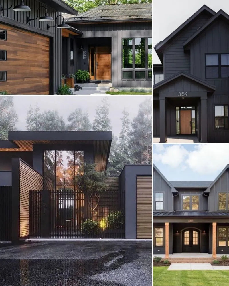 See photos of The Chris Exterior paint and trim colors in different spaces, including bathrooms, bedrooms, living rooms, and ktichens. This design is Dark, Moody, Sharp, and Modern. These reference photos give you an idea of what the wall paint and trim color combinations can look like in your space.