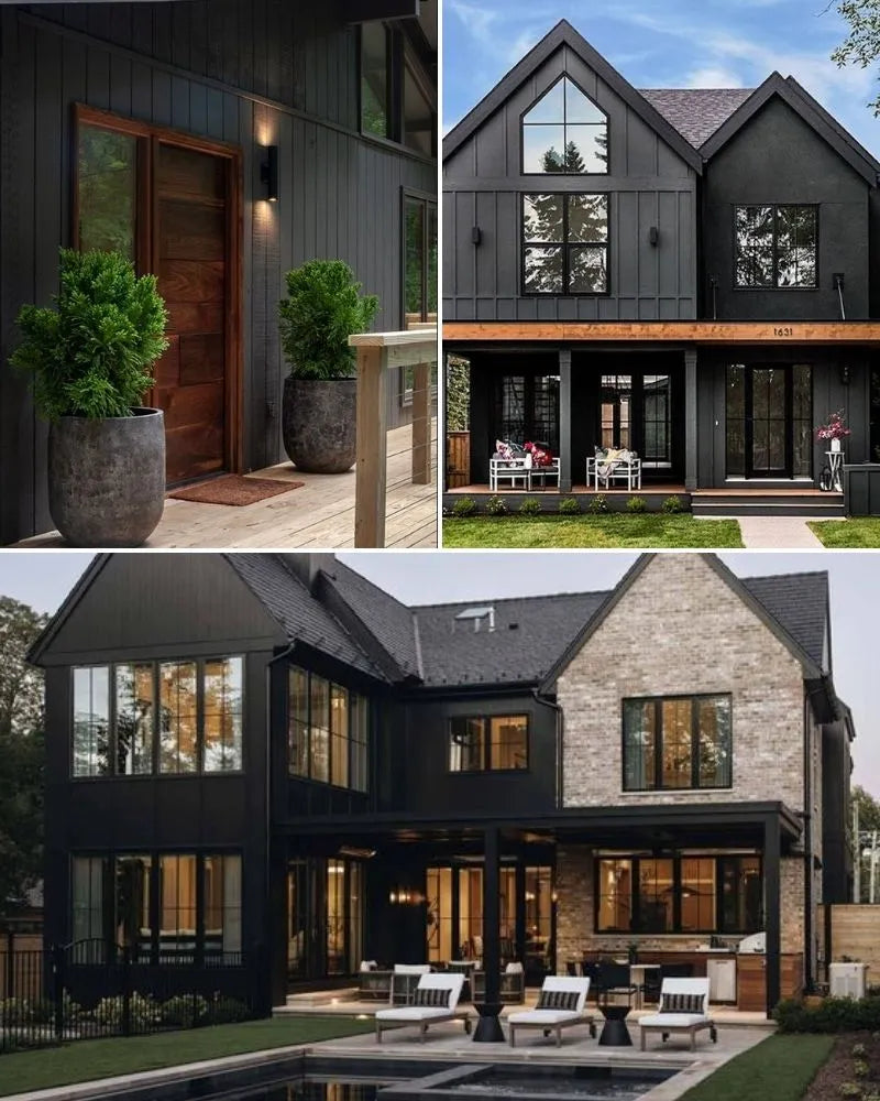 See photos of The Chris Exterior paint and trim colors in different spaces, including bathrooms, bedrooms, living rooms, and ktichens. This design is Dark, Moody, Sharp, and Modern. These reference photos give you an idea of what the wall paint and trim color combinations can look like in your space.