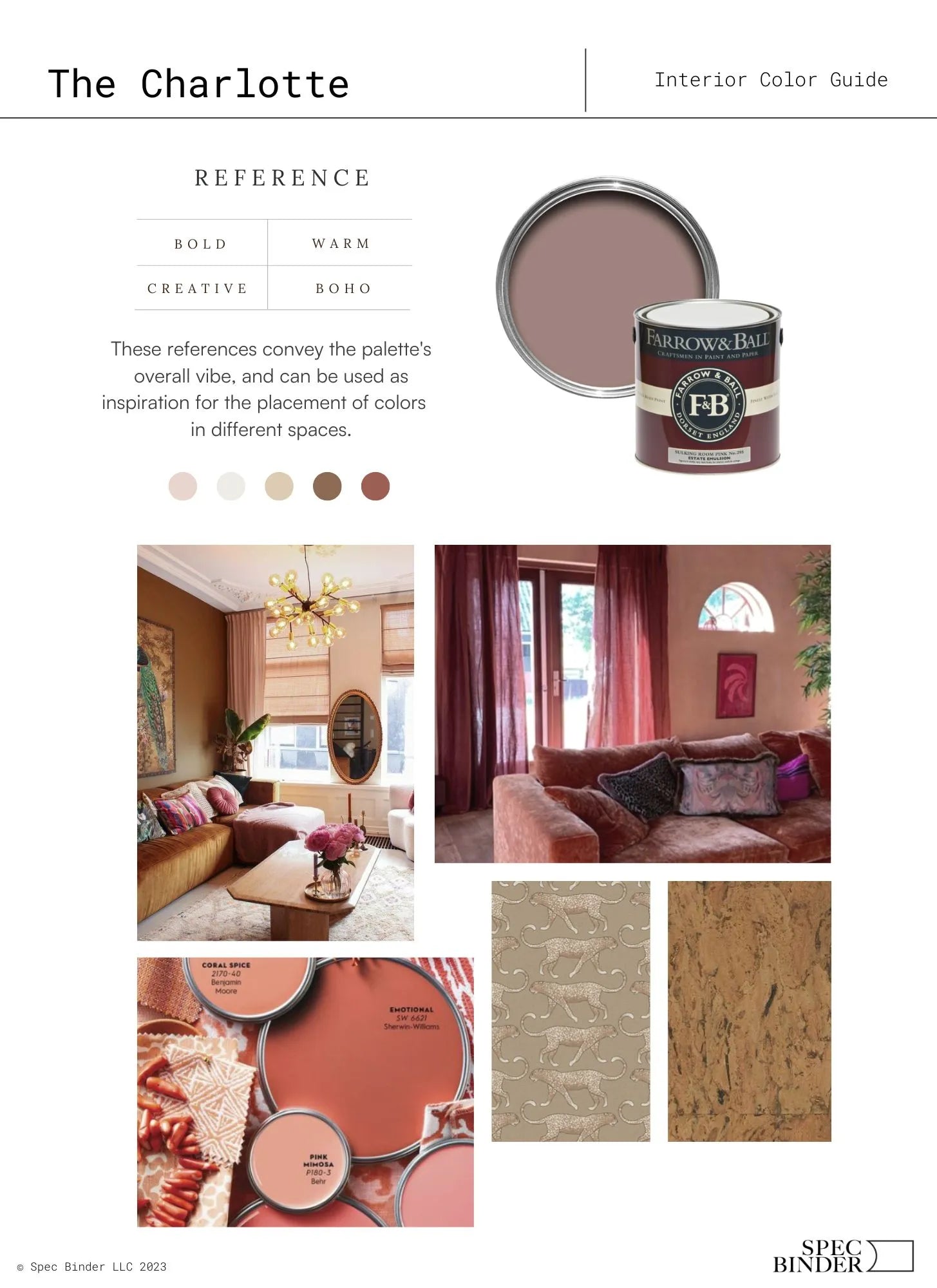 See photos of The Charlotte paint colors in different spaces.The Charlotte Color Palette reference images, paint samples, color swatches, and design elements. The Charlotte interior paint palette is Bold, Warm, Creative, and Boho. The Charlotte