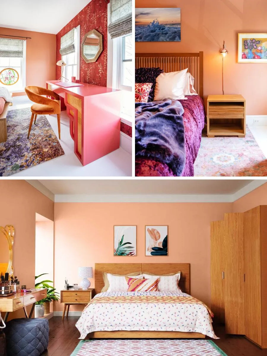 See photos of The Charlotte paint and trim colors in different spaces, including bathrooms, bedrooms, living rooms, and ktichens. This design is Bold, Warm, Creative, and Boho. These reference photos give you an idea of what the wall paint and trim color combinations can look like in your space.