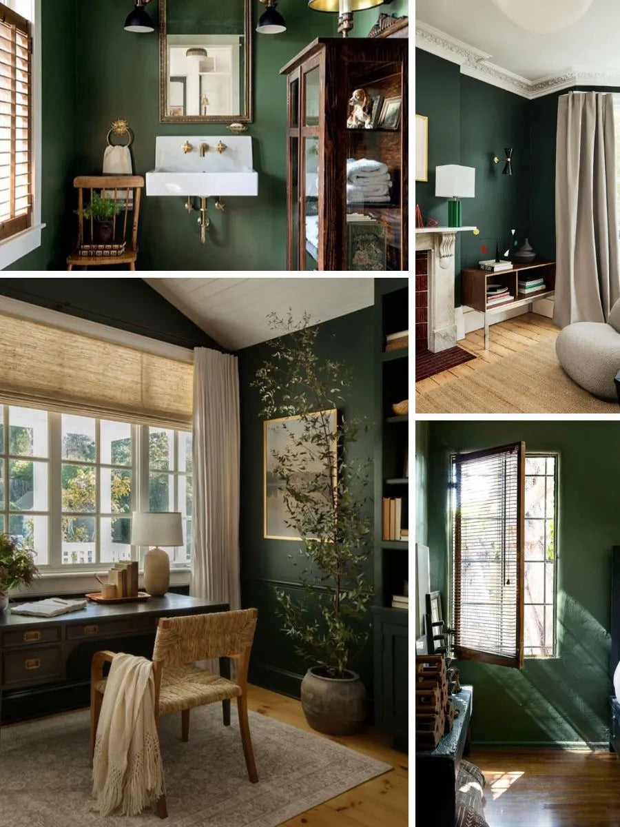 See photos of The Mitchell paint and trim colors in different spaces, including bathrooms, bedrooms, living rooms, and ktichens. This design is Dark, Moody, Smart, and Stylish. These reference photos give you an idea of what the wall paint and trim color combinations can look like in your space.