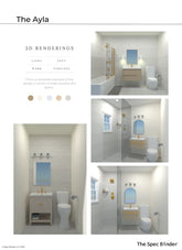 See photos of The Ayla paint colors in different spaces.The Ayla Full Bath reference images, paint samples, color swatches, and design elements. The Ayla bathroom design is Light, Soft, Warm, and Timeless. The Ayla room design includes 3D renderings, mood boards, color and finish palettes, paint schedules, tile schedules, design brief, product selections, an editable budget document, and a link for one-on-one phone support with our team of professional interior designers.
