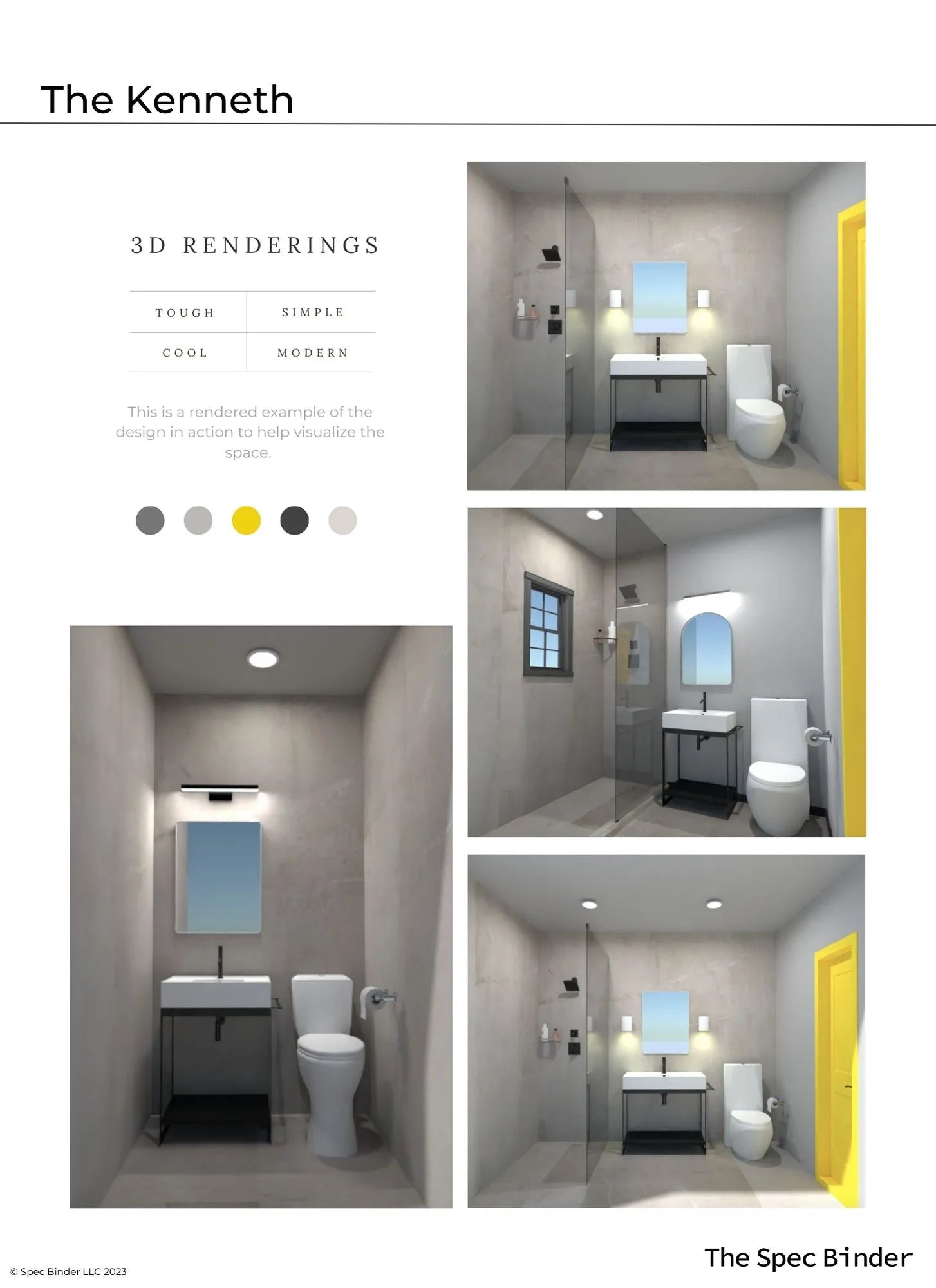 See photos of The Kenneth paint colors in different spaces.The Kenneth Full Bath reference images, paint samples, color swatches, and design elements. The Kenneth bathroom design is Tough, Simple, Cool, and Modern. The Kenneth room design includes 3D renderings, mood boards, color and finish palettes, paint schedules, tile schedules, design brief, product selections, an editable budget document, and a link for one-on-one phone support with our team of professional interior designers.