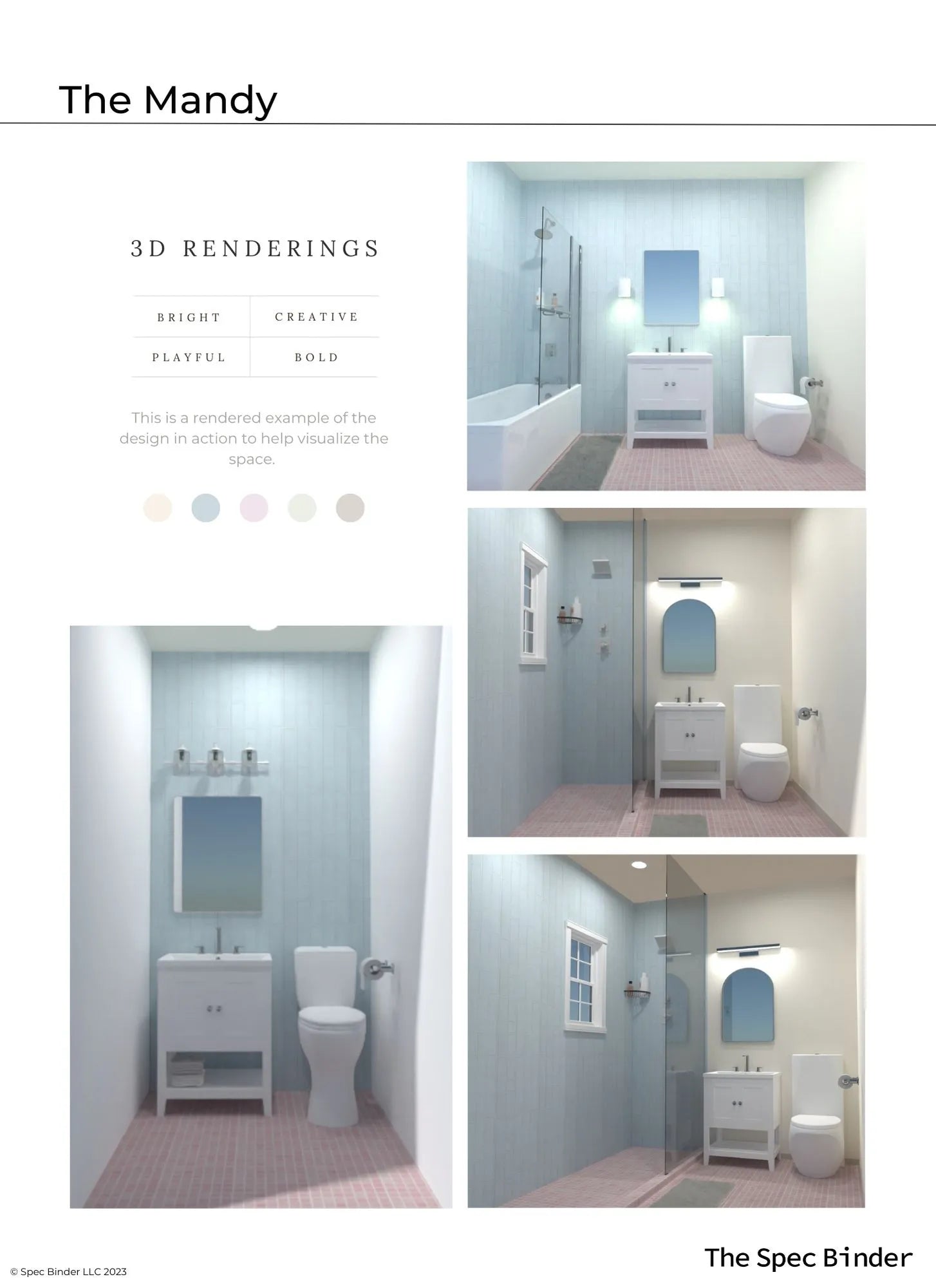 See photos of The Mandy paint colors in different spaces.The Mandy Full Bath reference images, paint samples, color swatches, and design elements. The Mandy bathroom design is Bright, Creative, Playful, and Bold. The Mandy room design includes 3D renderings, mood boards, color and finish palettes, paint schedules, tile schedules, design brief, product selections, an editable budget document, and a link for one-on-one phone support with our team of professional interior designers.