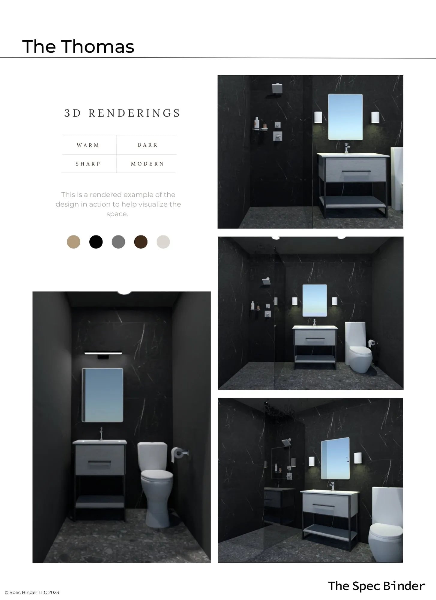 See photos of The Thomas paint colors in different spaces.The Thomas Full Bath reference images, paint samples, color swatches, and design elements. The Thomas bathroom design is Warm, Dark, Sharp, and Modern. The Thomas room design includes 3D renderings, mood boards, color and finish palettes, paint schedules, tile schedules, design brief, product selections, an editable budget document, and a link for one-on-one phone support with our team of professional interior designers.