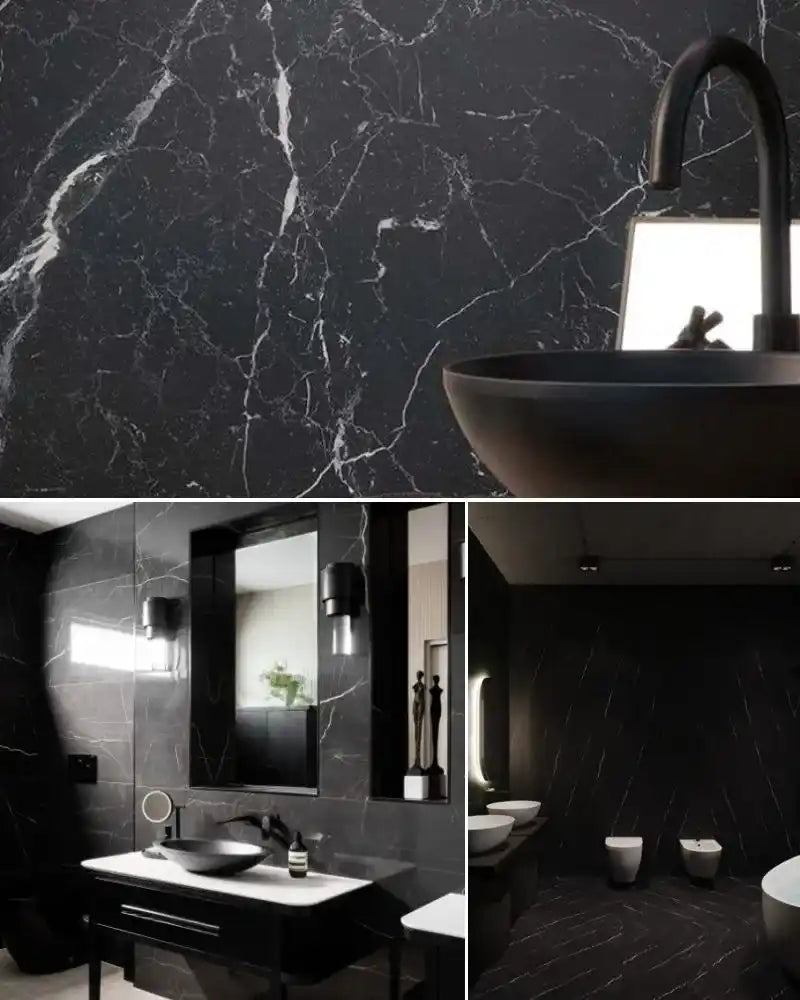 See photos of The Thomas Full Bath paint and trim colors in different spaces, including bathrooms, bedrooms, living rooms, and ktichens. This design is Warm, Dark, Sharp, and Modern. These reference photos give you an idea of what the wall paint and trim color combinations can look like in your space.