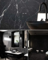 See photos of The Thomas Full Bath paint and trim colors in different spaces, including bathrooms, bedrooms, living rooms, and ktichens. This design is Warm, Dark, Sharp, and Modern. These reference photos give you an idea of what the wall paint and trim color combinations can look like in your space.