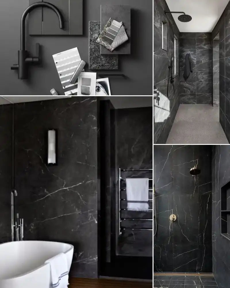 See photos of The Thomas Full Bath paint and trim colors in different spaces, including bathrooms, bedrooms, living rooms, and ktichens. This design is Warm, Dark, Sharp, and Modern. These reference photos give you an idea of what the wall paint and trim color combinations can look like in your space.