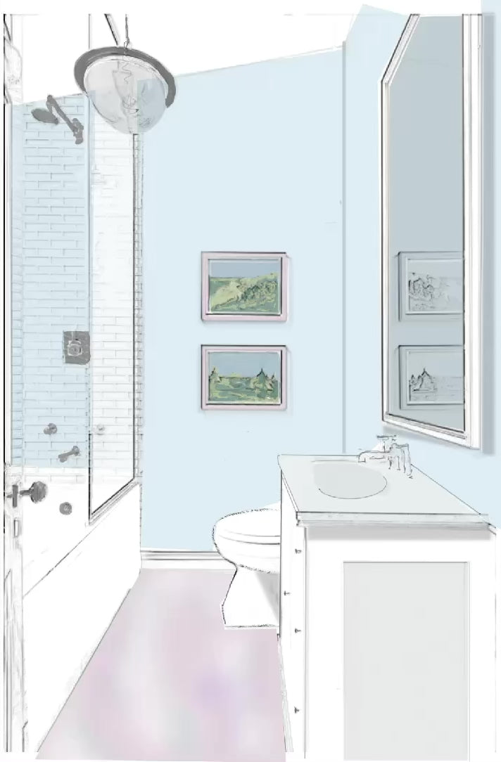 Illustration video of The Mandy bathroom sketch and reference image. Fun and colorful bathroom design