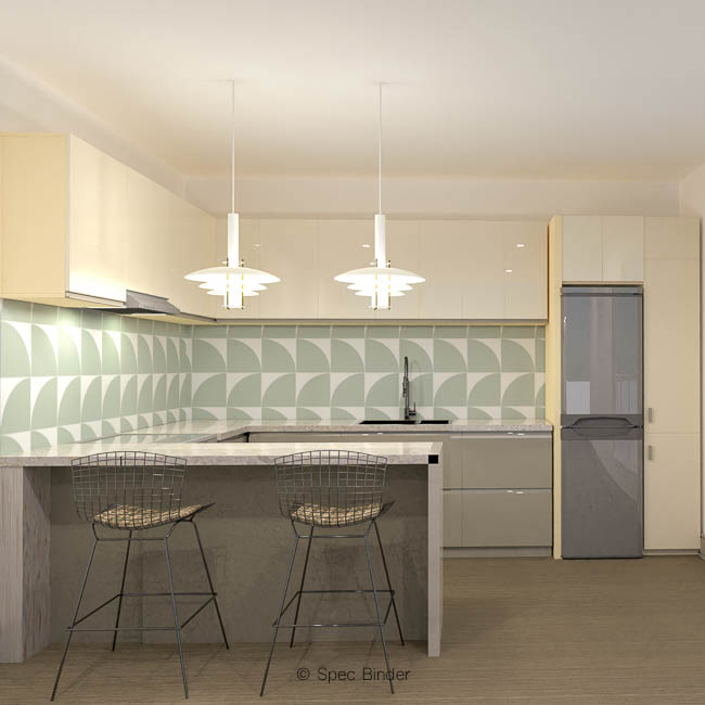 The Pierre Kitchen cover page with inspiration photos, renderings, materials, and design elements. The Pierre is Mod, Fresh, Light, and Neutral