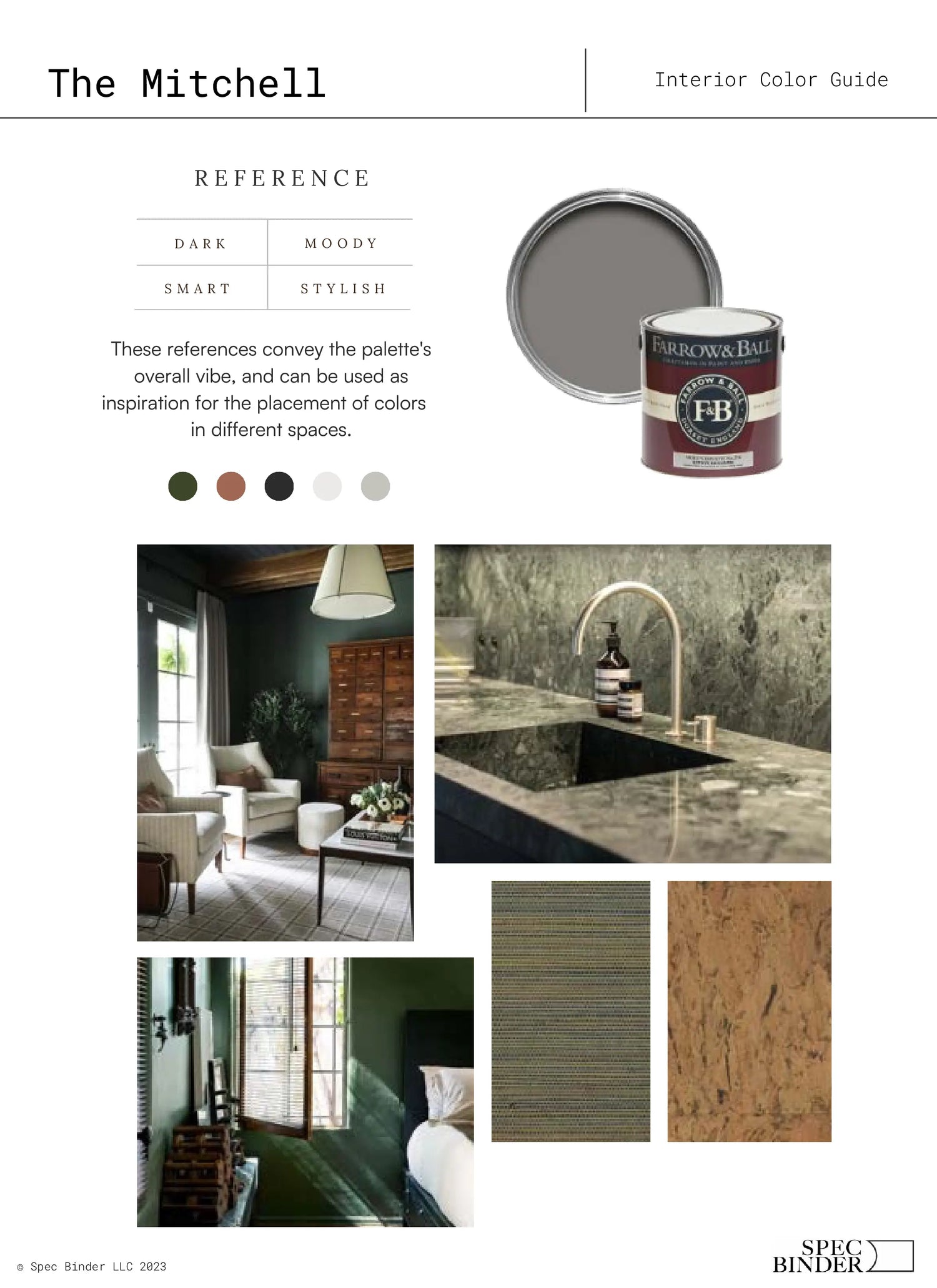 See photos of The Mitchell paint colors in different spaces.The Mitchell Color Palette reference images, paint samples, color swatches, and design elements. The Mitchell color guide is Dark, Moody, Smart, and Stylish. The Mitchell