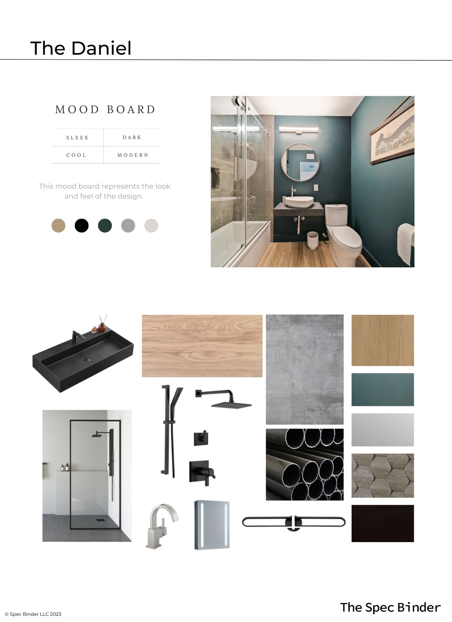 Moodboard image showing the look and feel of the design, featuring textures, patterns, colors, and finishing materials