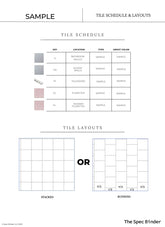 Sample tile schedule showing tile layout and placement for each interior room design
