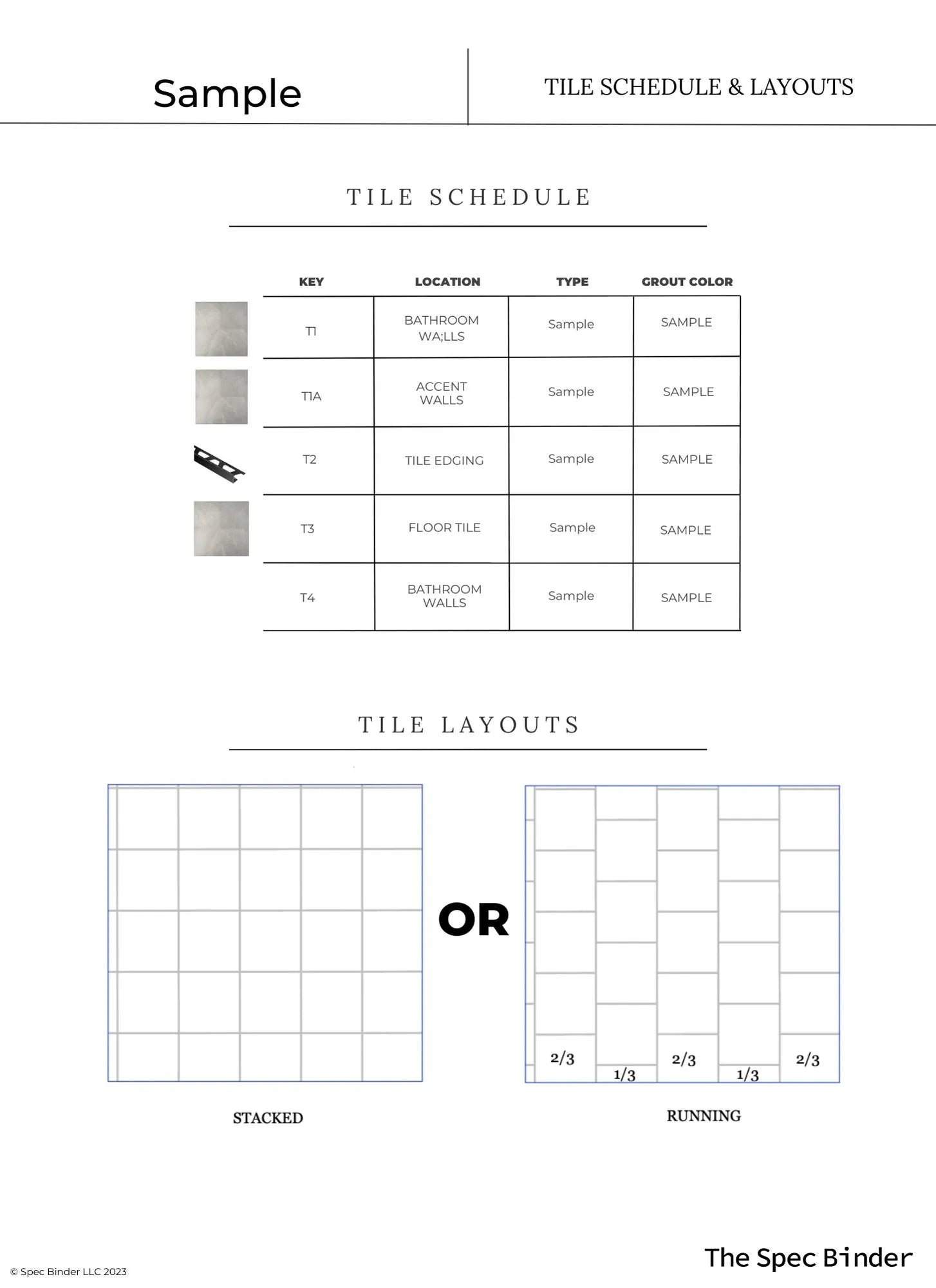 Sample tile schedule showing tile layout and placement for each interior room design