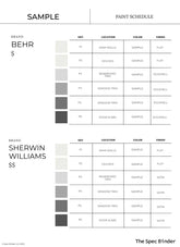 Sample paint schedule showing a cohesive color palette and paint codes for each color. Shows color placement and paint finish. Paint schedule at four price points, Behr ($), Sherwin Williams ($$), Benjamin Moore ($$$), and Farrow & Ball ($$$$)