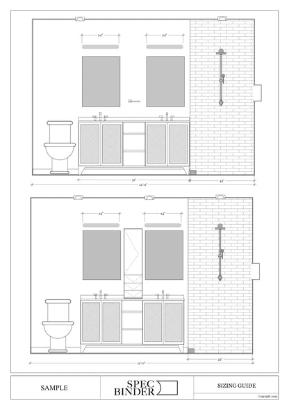 Sample sizing guide and wall elevation showing the various sizes that rooms can be installed at
