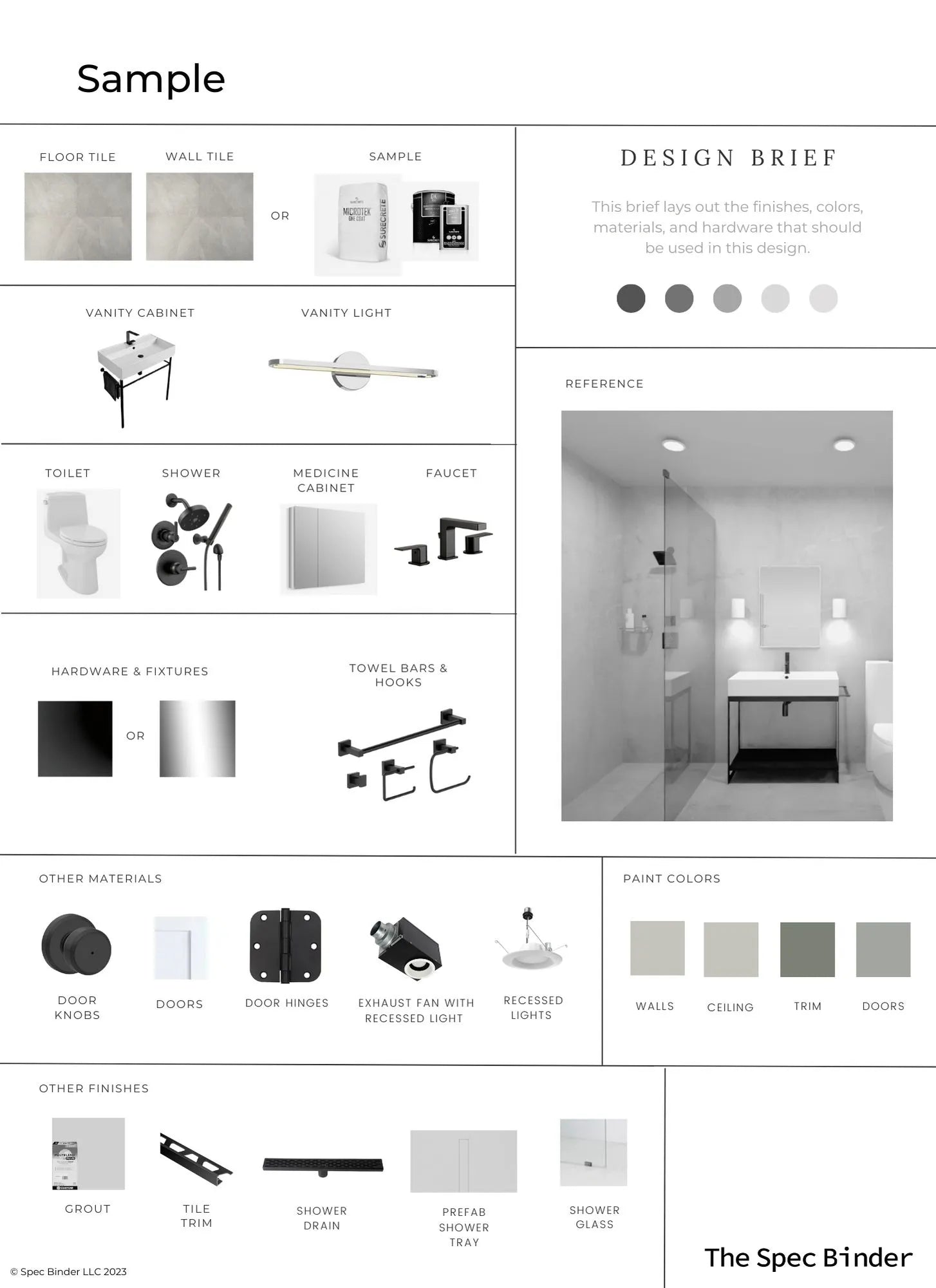 See photos of The Daniel paint colors in different spaces.The Daniel Full Bath reference images, paint samples, color swatches, and design elements. The Daniel bathroom design is Sleek, Dark, Cool, and Modern. The Daniel room design includes 3D renderings, mood boards, color and finish palettes, paint schedules, tile schedules, design brief, product selections, an editable budget document, and a link for one-on-one phone support with our team of professional interior designers.