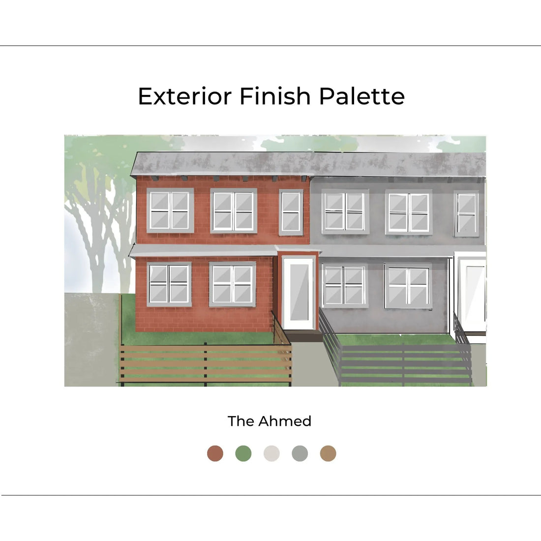 The Ahmed Exterior cover page with inspiration photos, renderings, materials, and design elements. The Ahmed is Urban, Family-Friendly, Eclectic, and Classic