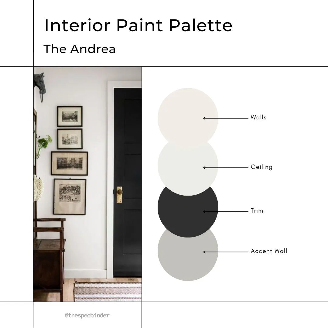 The Andrea interior color palette. Clean, bold, sharp, and classic paint colors for living rooms, bedrooms, kitchen, and entryway designs