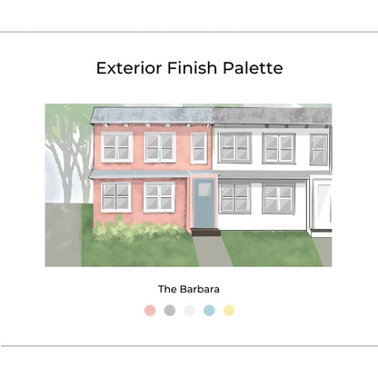 The Barbara Exterior cover page with inspiration photos, renderings, materials, and design elements. The Barbara is Fun, Coastal, Elegant, and Bold