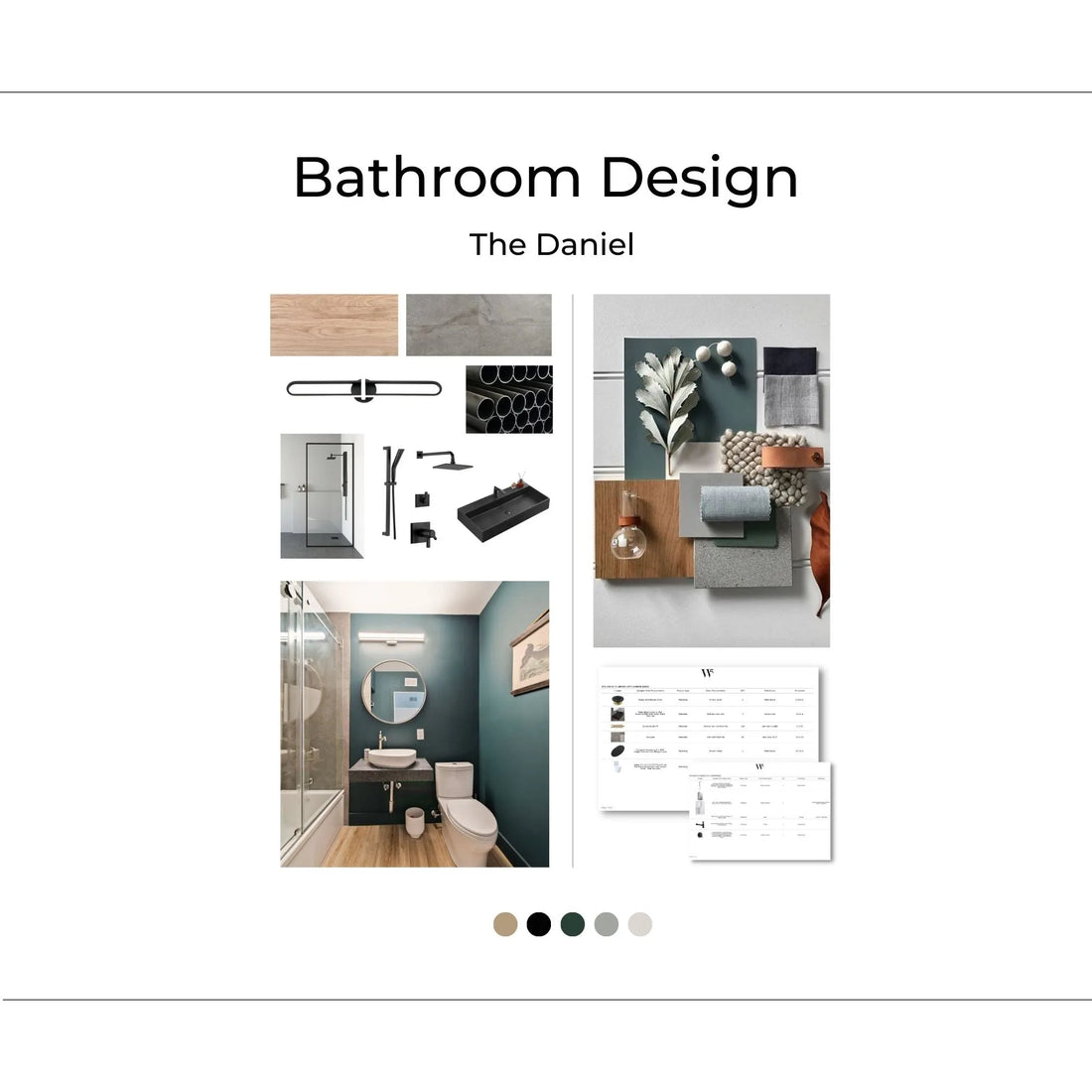 The Daniel Full Bath cover page with inspiration photos, renderings, materials, and design elements. The Daniel is Sleek, Dark, Cool, and Modern