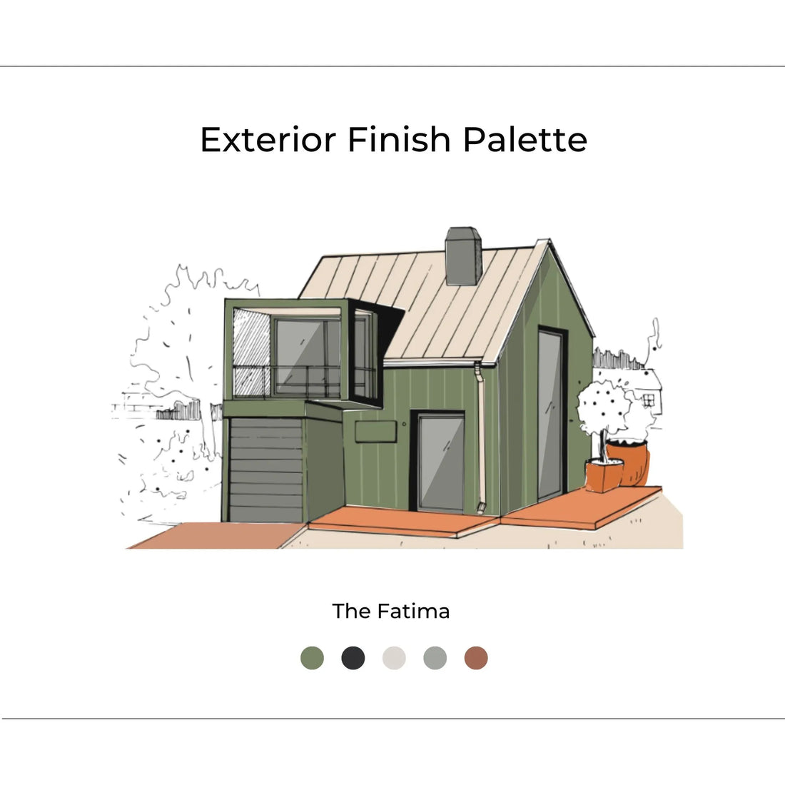 The Fatima Exterior cover page with inspiration photos, renderings, materials, and design elements. The Fatima is Mid-Century, Dark, Earthy, and Vintage