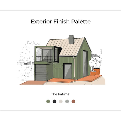 The Fatima Exterior cover page with inspiration photos, renderings, materials, and design elements. The Fatima is Mid-Century, Dark, Earthy, and Vintage