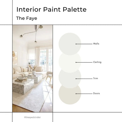 The Faye cover image with sample paint colors and reference photos to reflect the look and feel of this paint palette. This design is Clean, Calm, Cool , and Light